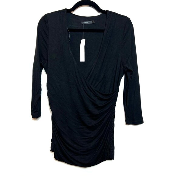 Patty Black Deep V-Neck Ruched Waist Sweater 3/4 Sleeves Rayon/Spandex Large NWT - Picture 2 of 7